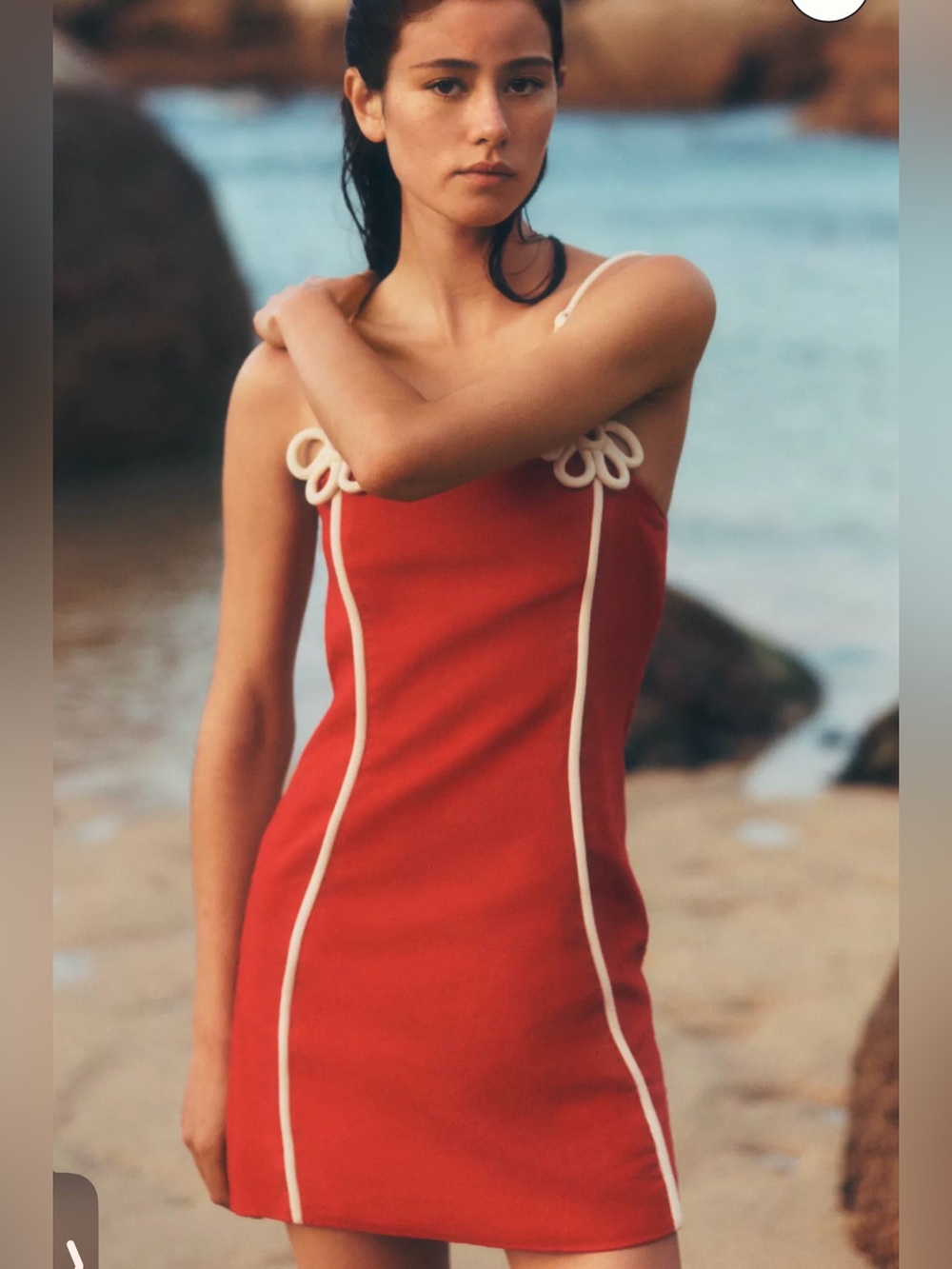 FARM Rio Piped Linen Red Mini Dress with Cream Trim size Medium